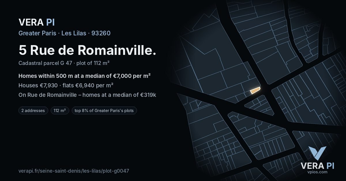 5 Rue de Romainville, Les Lilas at night – the plot lit, the parcels around coloured by the prices near them