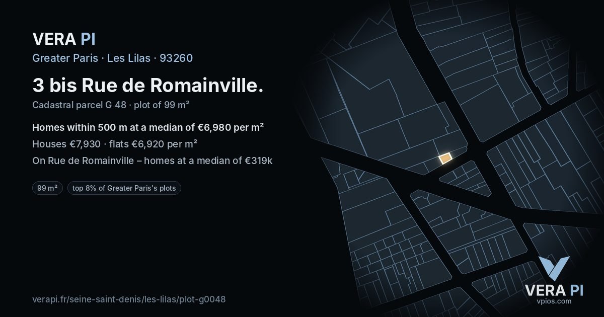 3 bis Rue de Romainville, Les Lilas at night – the plot lit, the parcels around coloured by the prices near them
