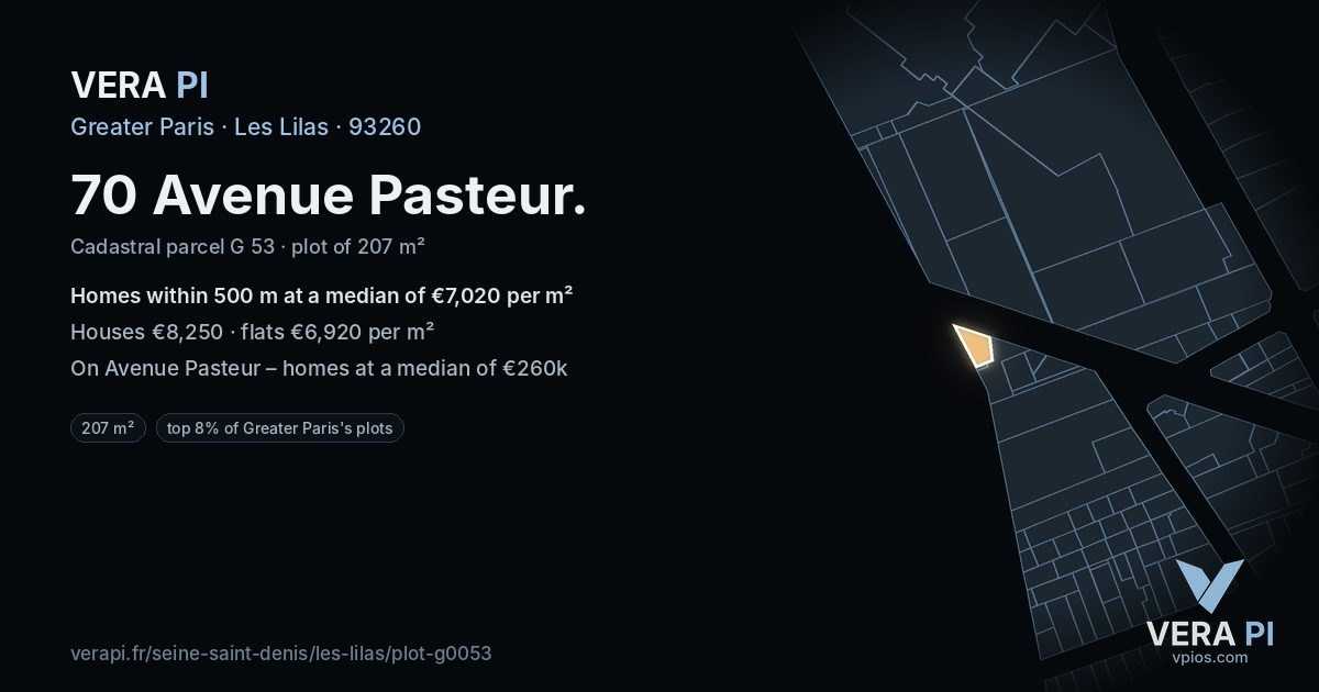 70 Avenue Pasteur, Les Lilas at night – the plot lit, the parcels around coloured by the prices near them