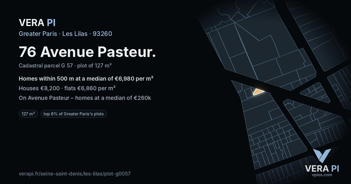 76 Avenue Pasteur, Les Lilas at night – the plot lit, the parcels around coloured by the prices near them