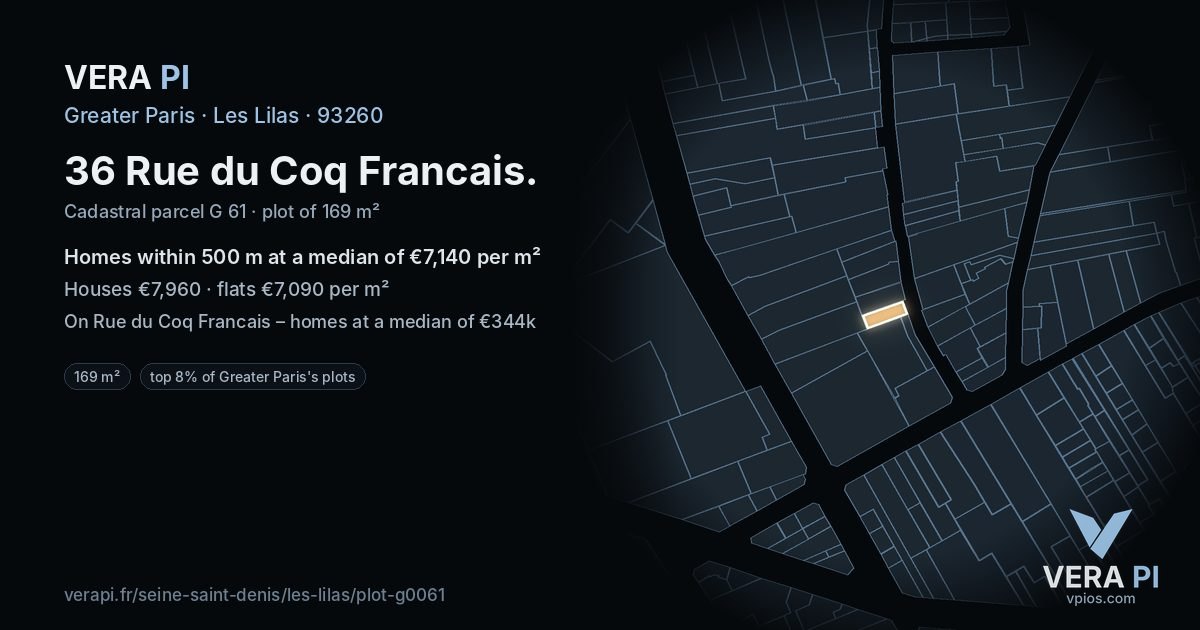 36 Rue du Coq Francais, Les Lilas at night – the plot lit, the parcels around coloured by the prices near them