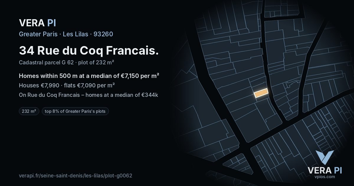 34 Rue du Coq Francais, Les Lilas at night – the plot lit, the parcels around coloured by the prices near them