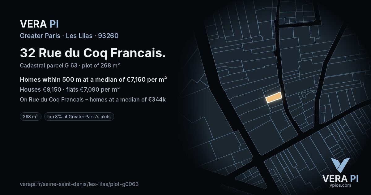 32 Rue du Coq Francais, Les Lilas at night – the plot lit, the parcels around coloured by the prices near them