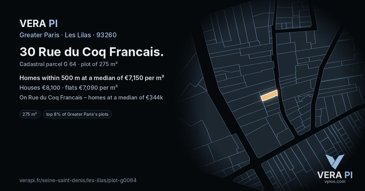 30 Rue du Coq Francais, Les Lilas at night – the plot lit, the parcels around coloured by the prices near them