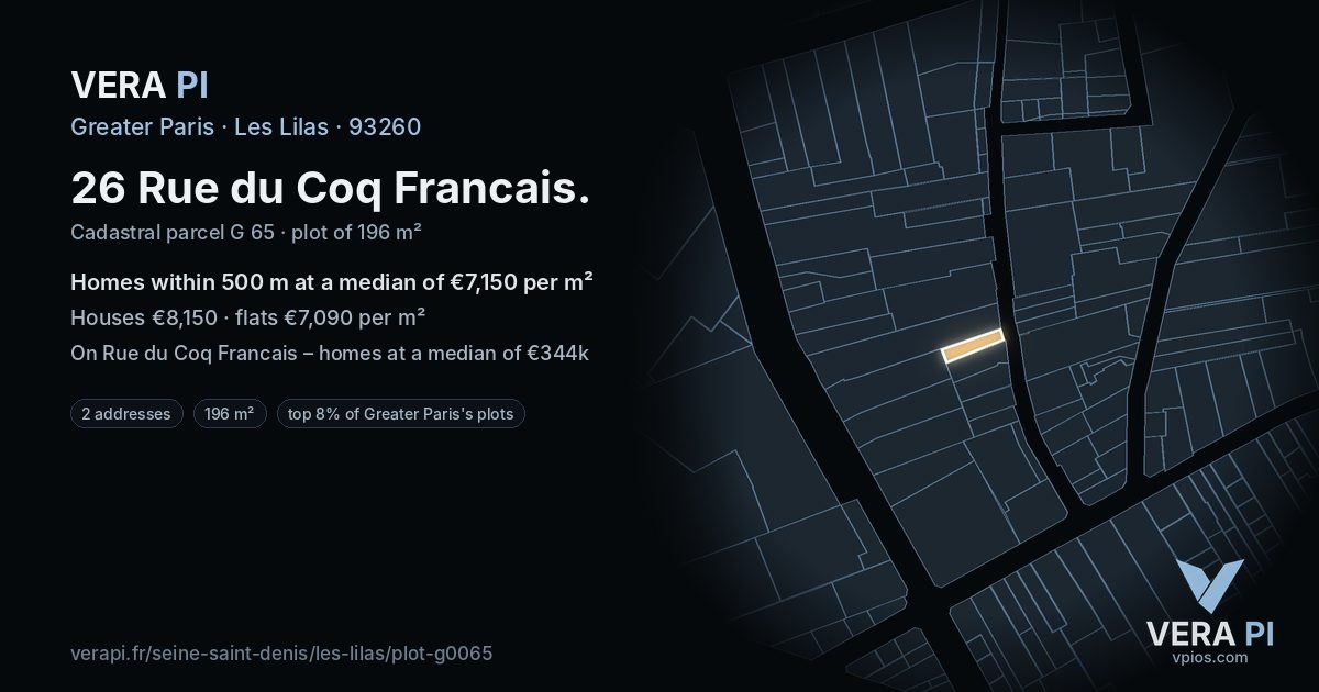26 Rue du Coq Francais, Les Lilas at night – the plot lit, the parcels around coloured by the prices near them