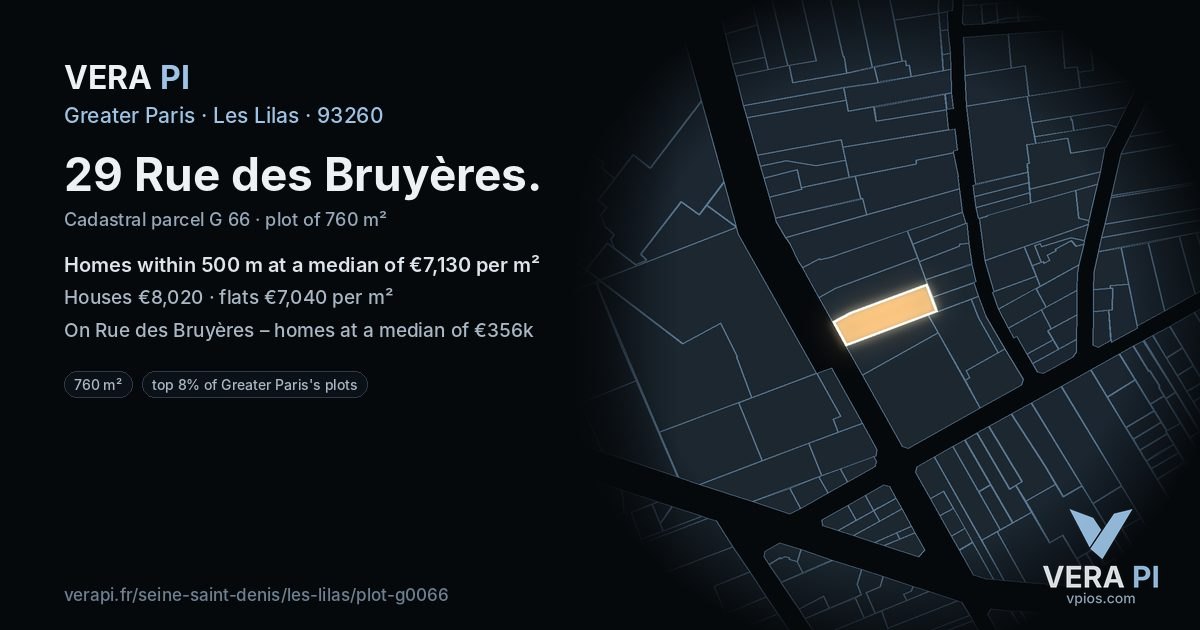 29 Rue des Bruyères, Les Lilas at night – the plot lit, the parcels around coloured by the prices near them