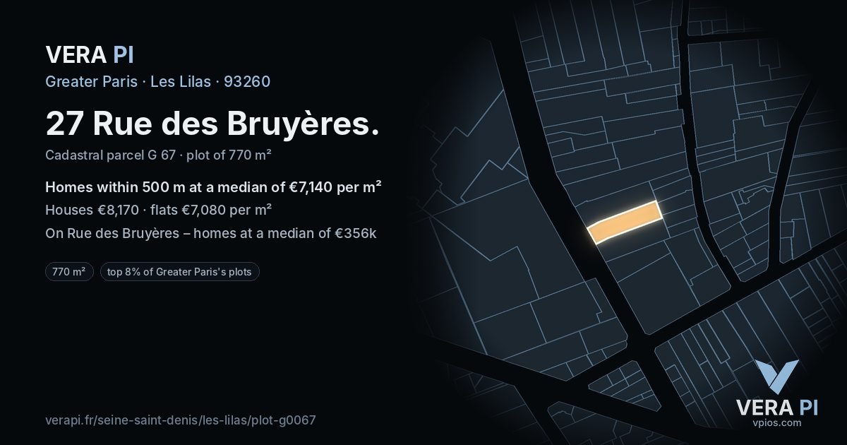 27 Rue des Bruyères, Les Lilas at night – the plot lit, the parcels around coloured by the prices near them