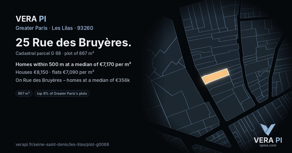 25 Rue des Bruyères, Les Lilas at night – the plot lit, the parcels around coloured by the prices near them
