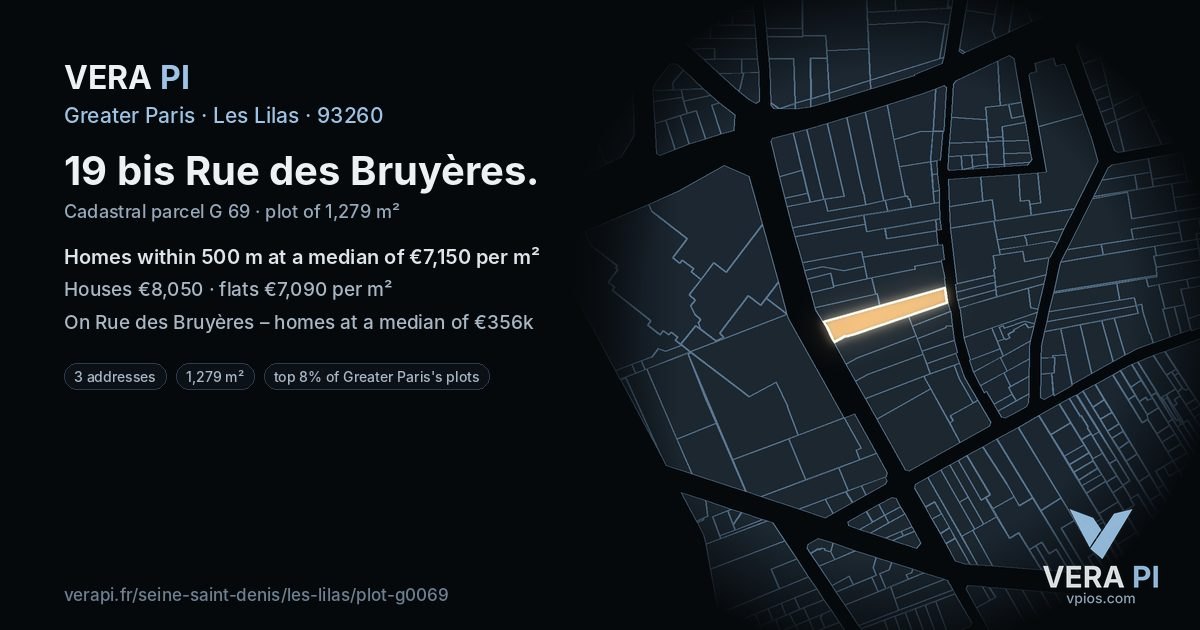 19 bis Rue des Bruyères, Les Lilas at night – the plot lit, the parcels around coloured by the prices near them
