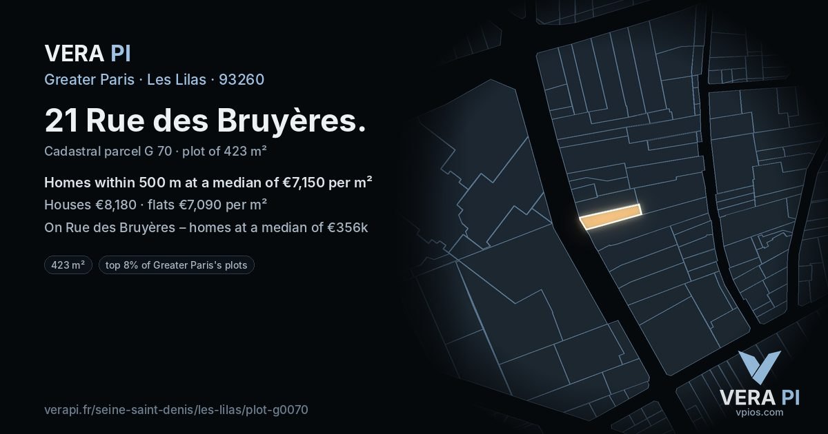 21 Rue des Bruyères, Les Lilas at night – the plot lit, the parcels around coloured by the prices near them