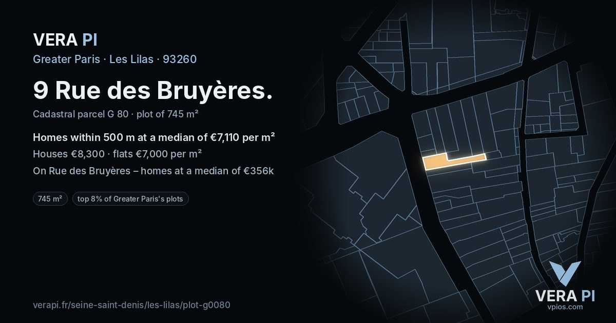 9 Rue des Bruyères, Les Lilas at night – the plot lit, the parcels around coloured by the prices near them