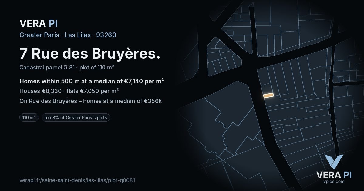 7 Rue des Bruyères, Les Lilas at night – the plot lit, the parcels around coloured by the prices near them