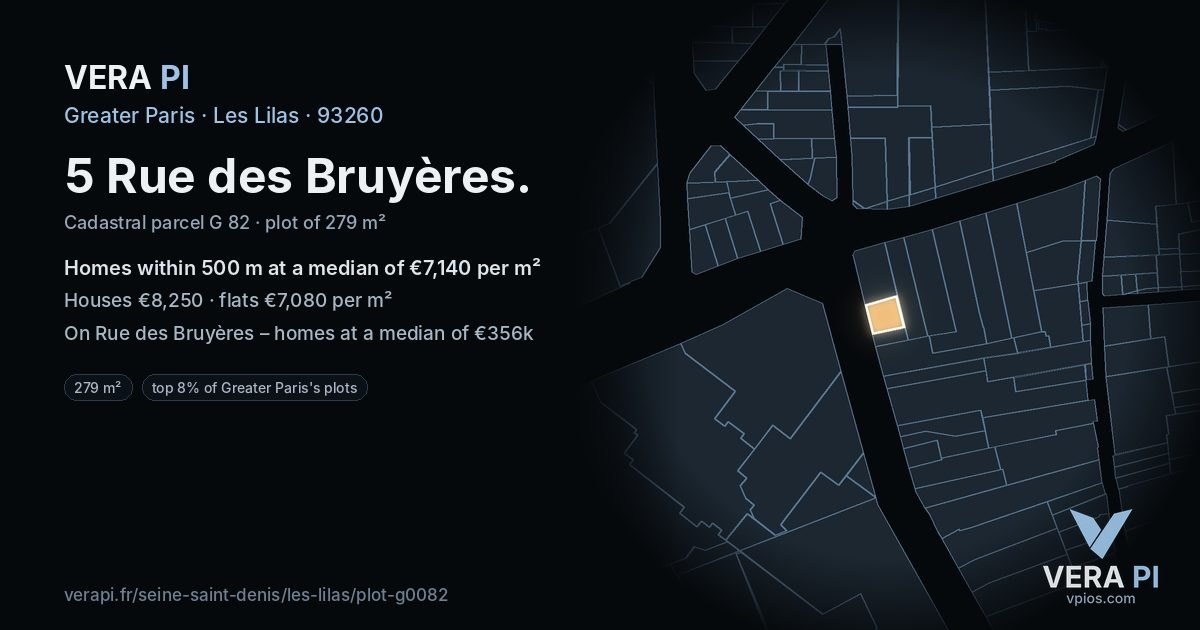 5 Rue des Bruyères, Les Lilas at night – the plot lit, the parcels around coloured by the prices near them