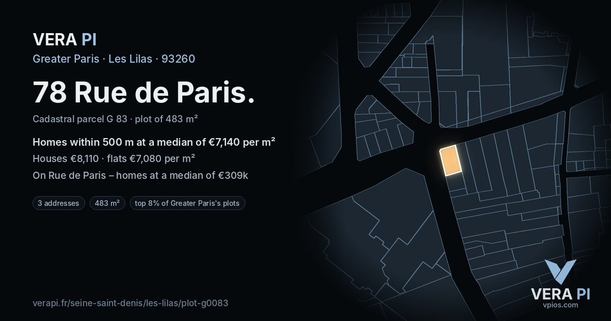 78 Rue de Paris, Les Lilas at night – the plot lit, the parcels around coloured by the prices near them