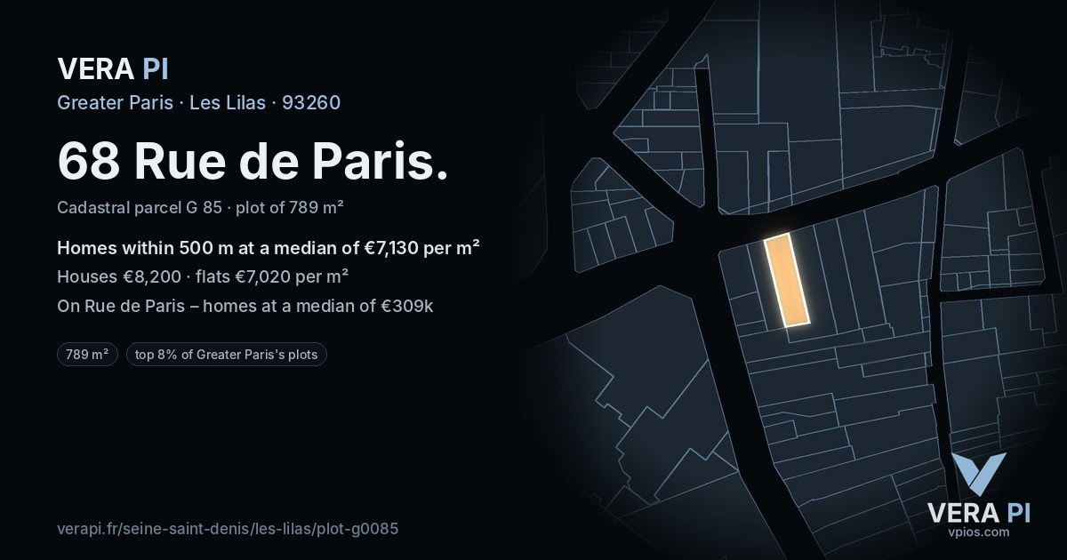 68 Rue de Paris, Les Lilas at night – the plot lit, the parcels around coloured by the prices near them