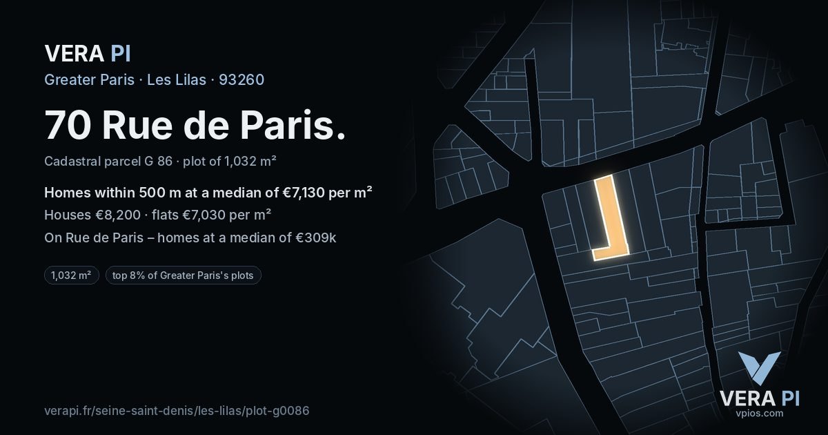 70 Rue de Paris, Les Lilas at night – the plot lit, the parcels around coloured by the prices near them