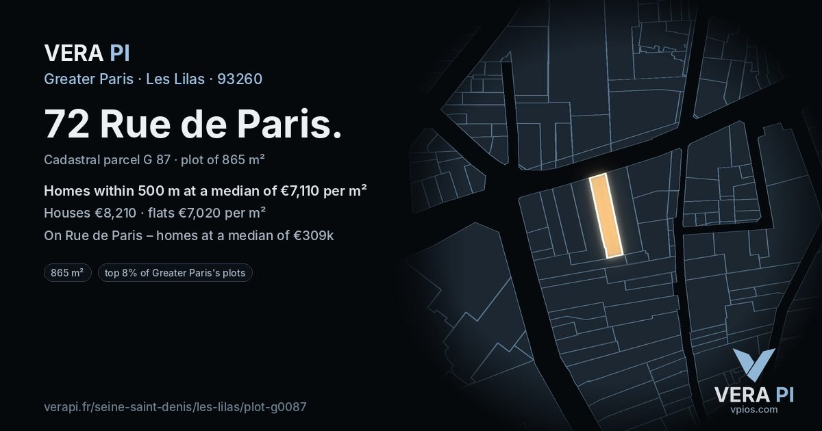 72 Rue de Paris, Les Lilas at night – the plot lit, the parcels around coloured by the prices near them