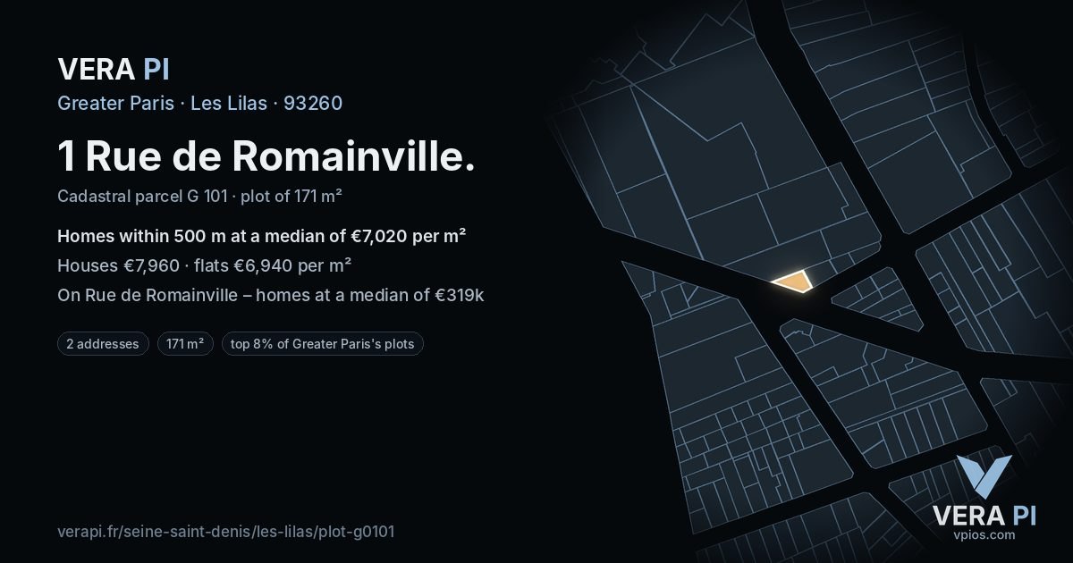 1 Rue de Romainville, Les Lilas at night – the plot lit, the parcels around coloured by the prices near them