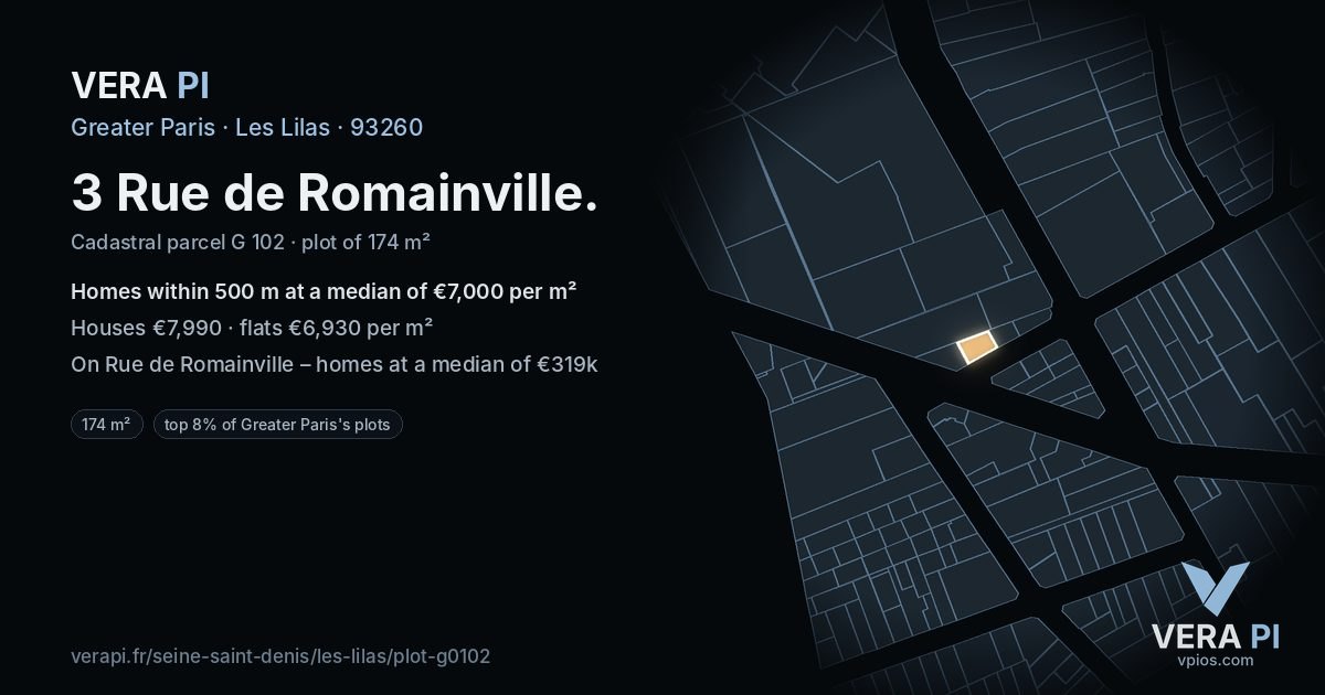3 Rue de Romainville, Les Lilas at night – the plot lit, the parcels around coloured by the prices near them