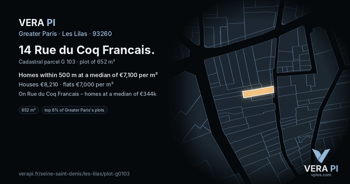 14 Rue du Coq Francais, Les Lilas at night – the plot lit, the parcels around coloured by the prices near them