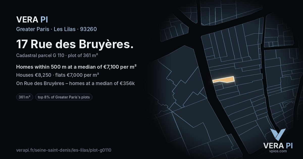 17 Rue des Bruyères, Les Lilas at night – the plot lit, the parcels around coloured by the prices near them