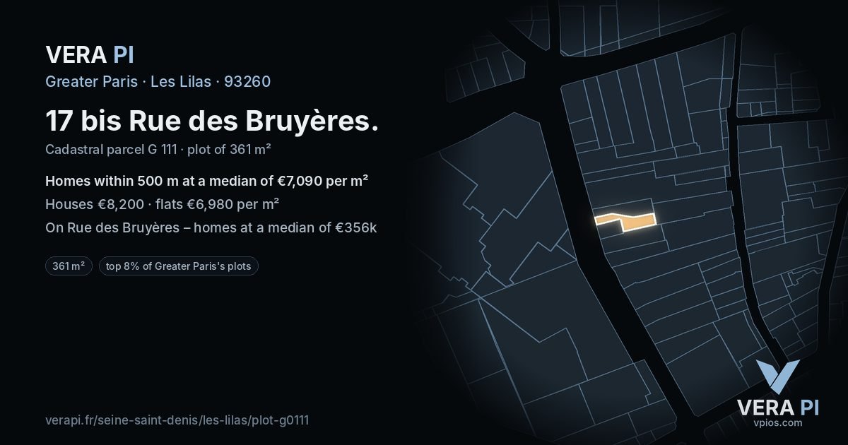 17 bis Rue des Bruyères, Les Lilas at night – the plot lit, the parcels around coloured by the prices near them
