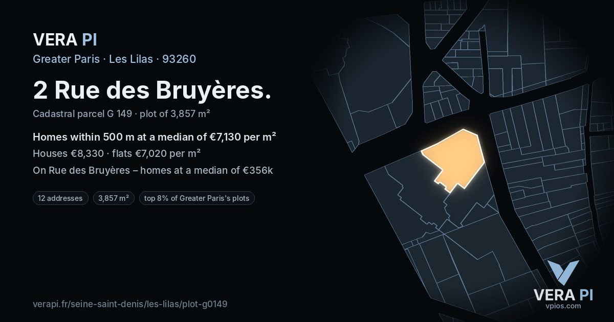 2 Rue des Bruyères, Les Lilas at night – the plot lit, the parcels around coloured by the prices near them