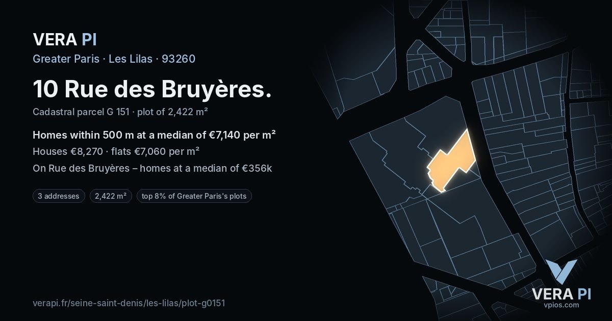 10 Rue des Bruyères, Les Lilas at night – the plot lit, the parcels around coloured by the prices near them