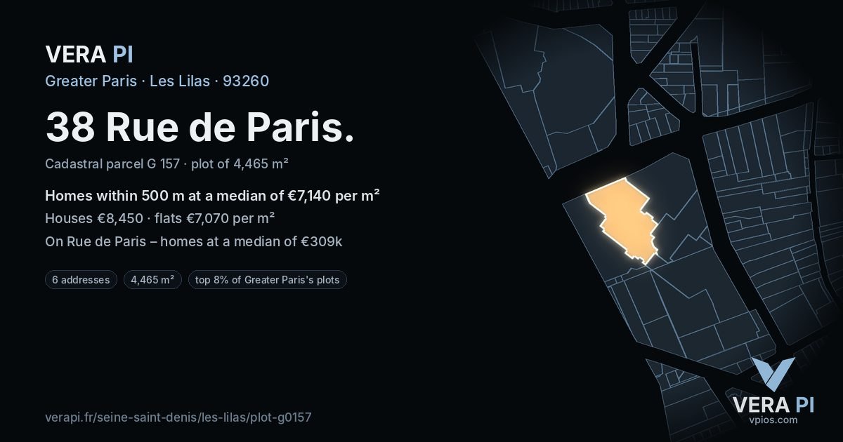 38 Rue de Paris, Les Lilas at night – the plot lit, the parcels around coloured by the prices near them