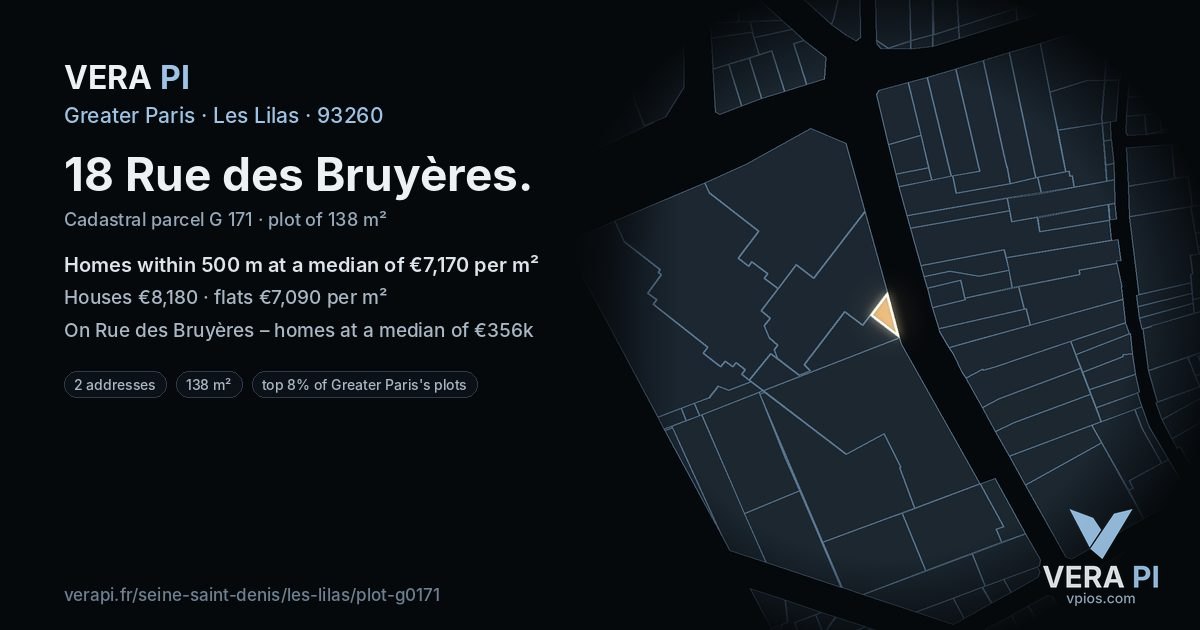 18 Rue des Bruyères, Les Lilas at night – the plot lit, the parcels around coloured by the prices near them