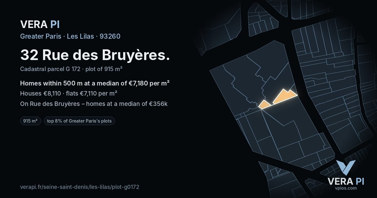 32 Rue des Bruyères, Les Lilas at night – the plot lit, the parcels around coloured by the prices near them