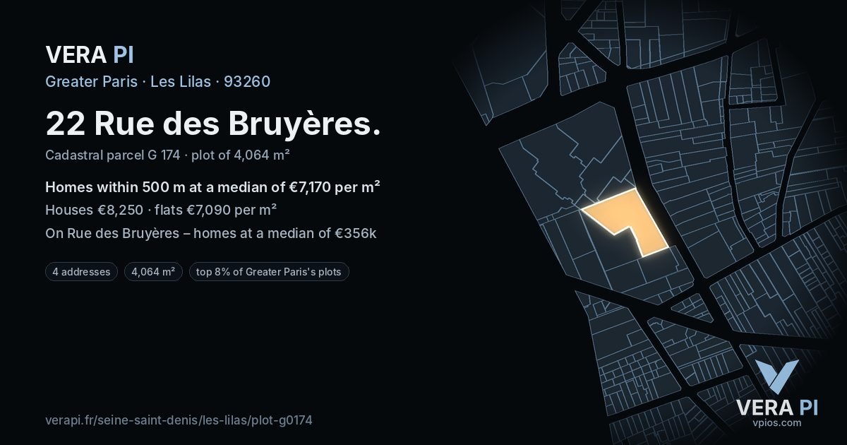 22 Rue des Bruyères, Les Lilas at night – the plot lit, the parcels around coloured by the prices near them