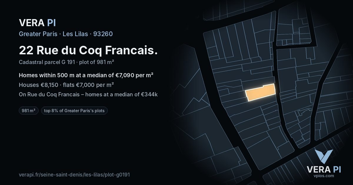 22 Rue du Coq Francais, Les Lilas at night – the plot lit, the parcels around coloured by the prices near them