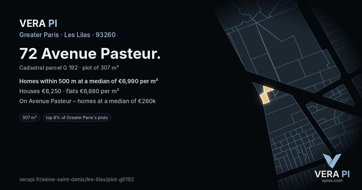 72 Avenue Pasteur, Les Lilas at night – the plot lit, the parcels around coloured by the prices near them
