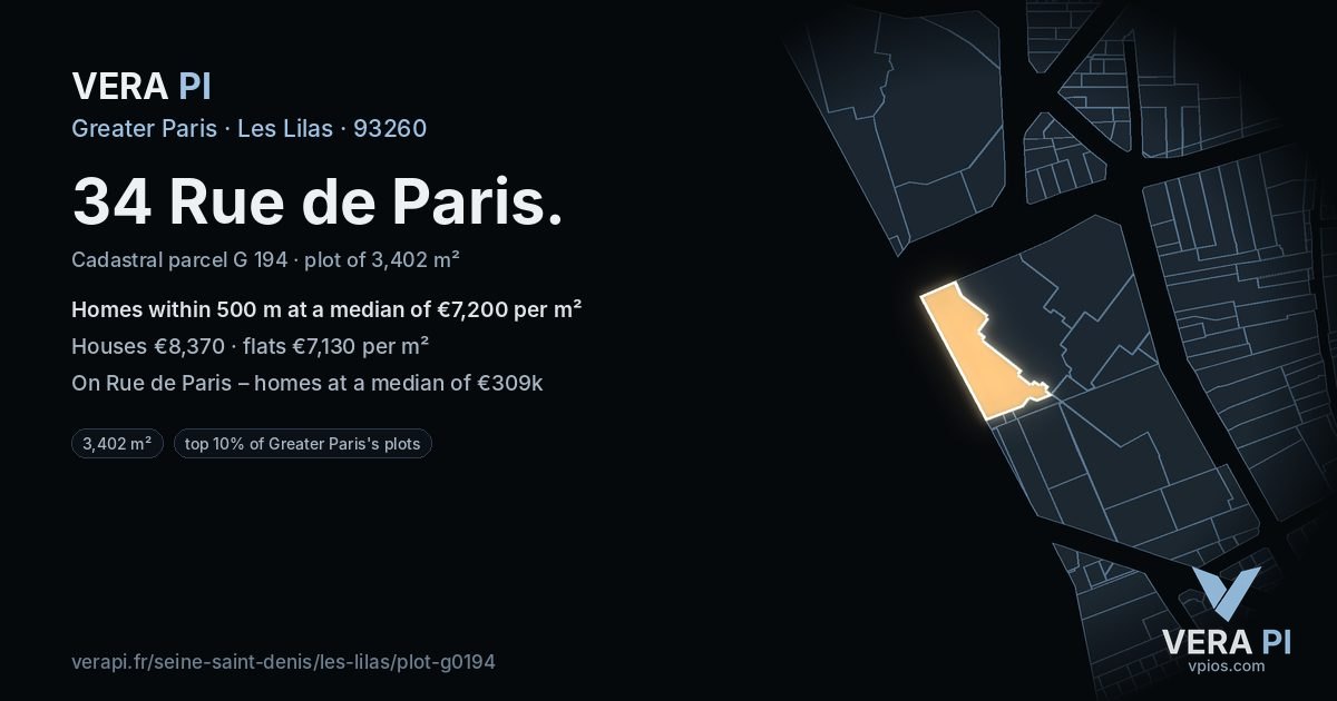 34 Rue de Paris, Les Lilas at night – the plot lit, the parcels around coloured by the prices near them