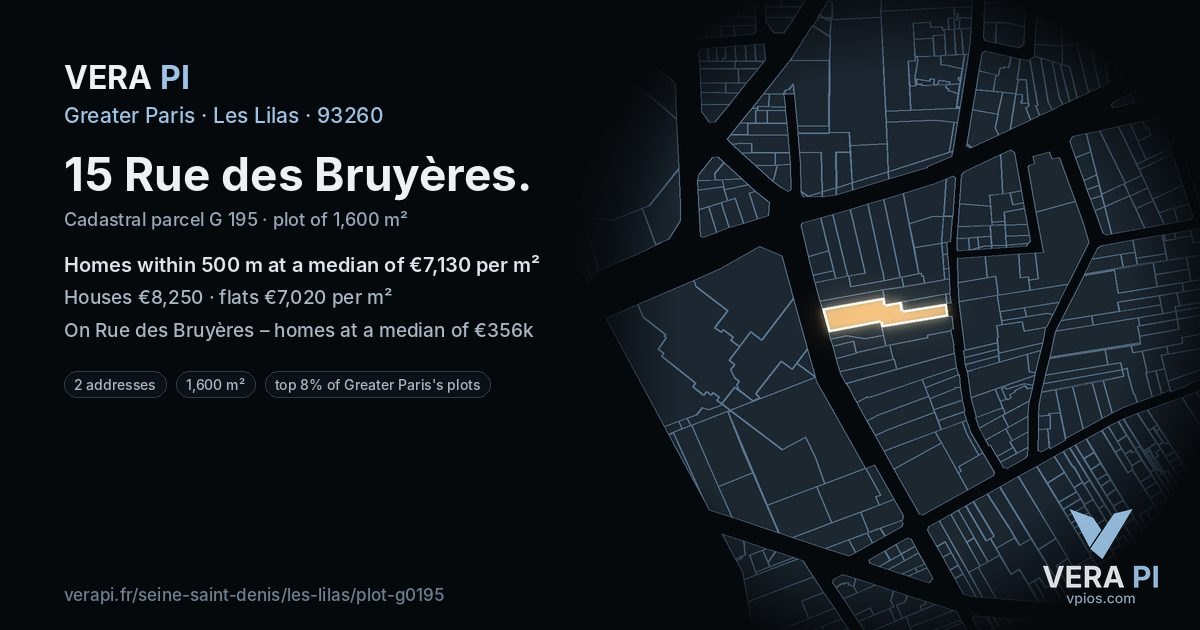 15 Rue des Bruyères, Les Lilas at night – the plot lit, the parcels around coloured by the prices near them
