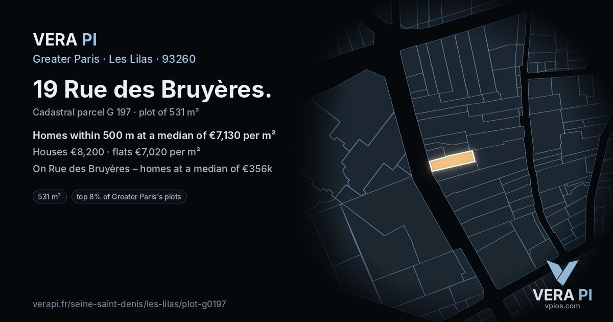 19 Rue des Bruyères, Les Lilas at night – the plot lit, the parcels around coloured by the prices near them