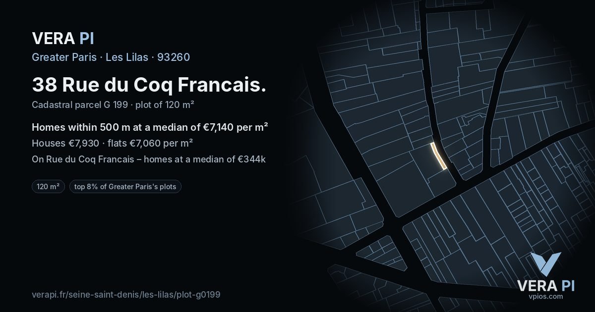 38 Rue du Coq Francais, Les Lilas at night – the plot lit, the parcels around coloured by the prices near them