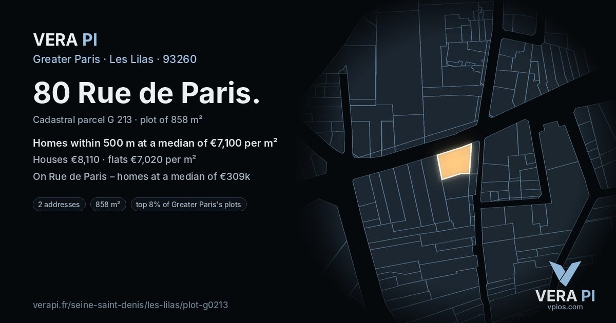 80 Rue de Paris, Les Lilas at night – the plot lit, the parcels around coloured by the prices near them