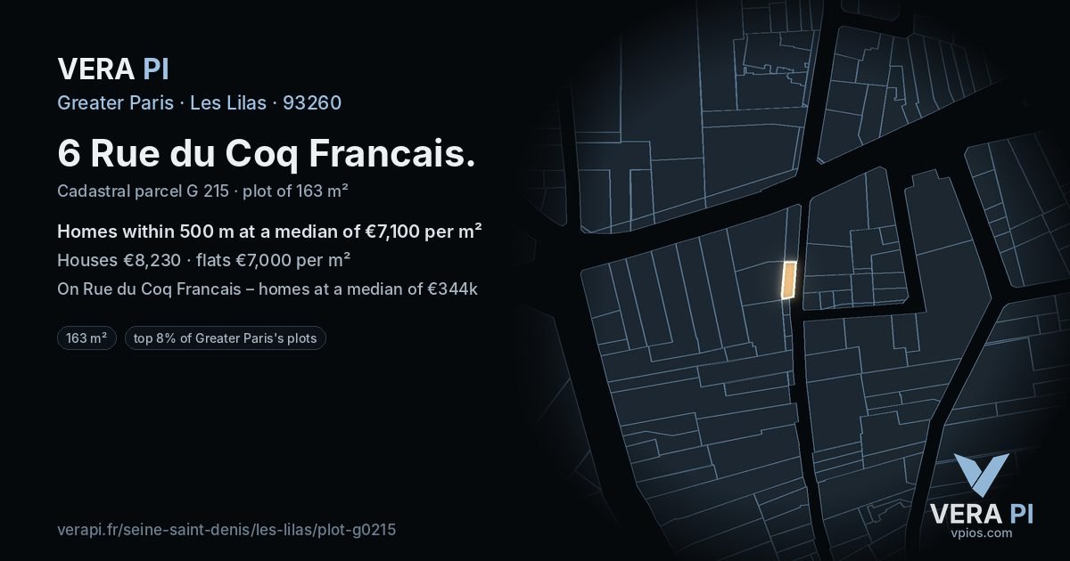 6 Rue du Coq Francais, Les Lilas at night – the plot lit, the parcels around coloured by the prices near them