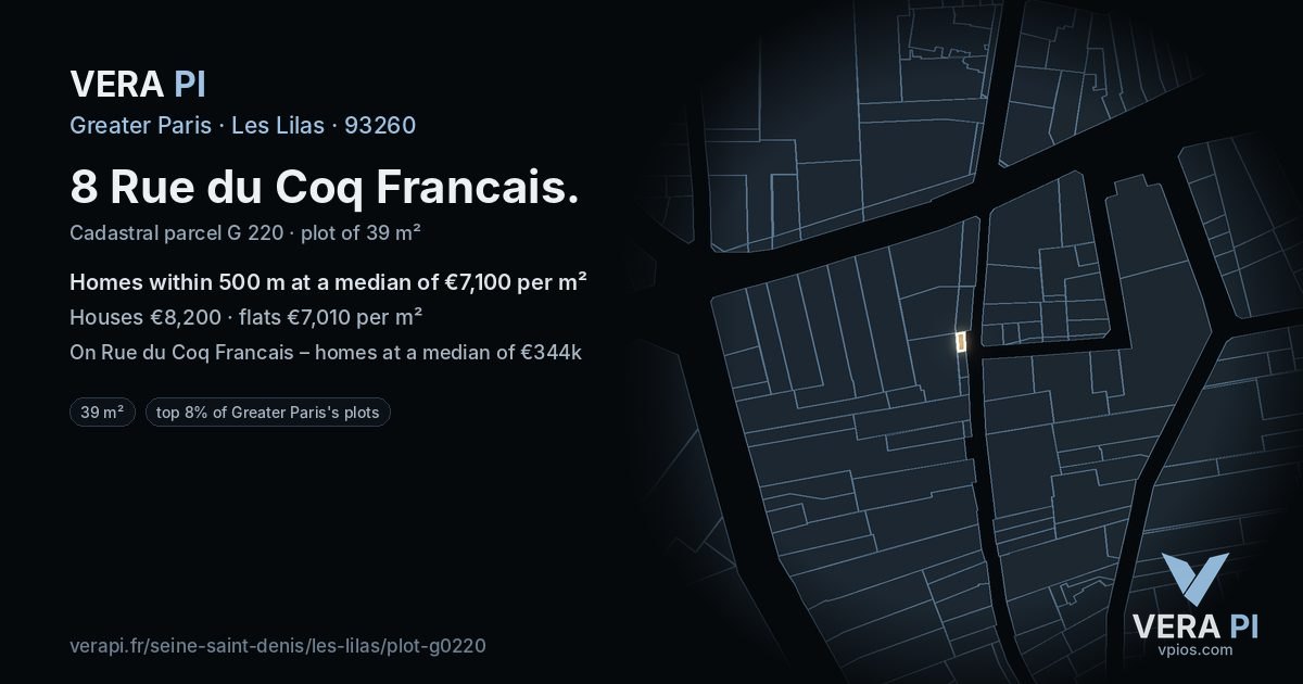 8 Rue du Coq Francais, Les Lilas at night – the plot lit, the parcels around coloured by the prices near them