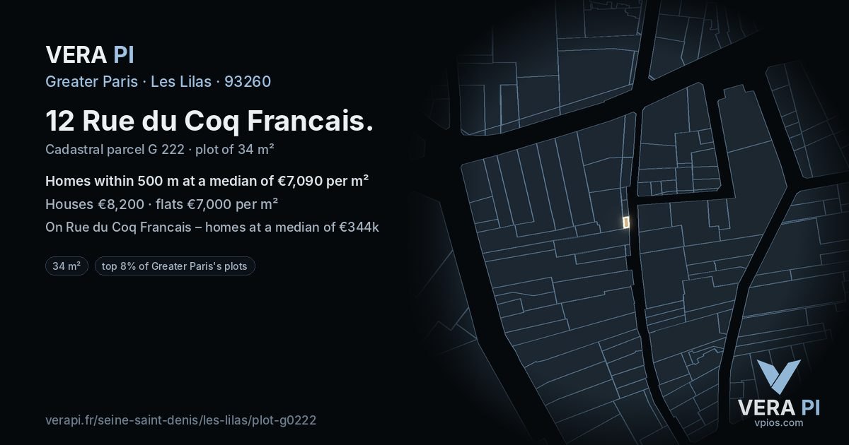 12 Rue du Coq Francais, Les Lilas at night – the plot lit, the parcels around coloured by the prices near them