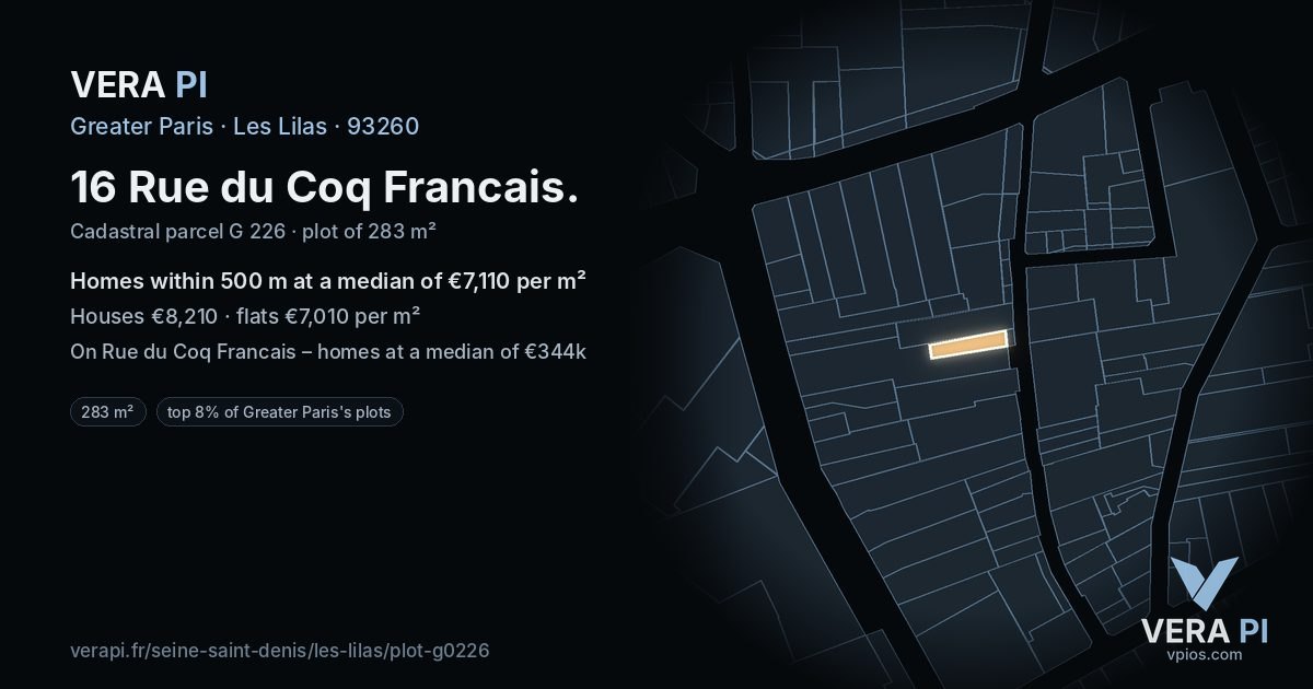 16 Rue du Coq Francais, Les Lilas at night – the plot lit, the parcels around coloured by the prices near them