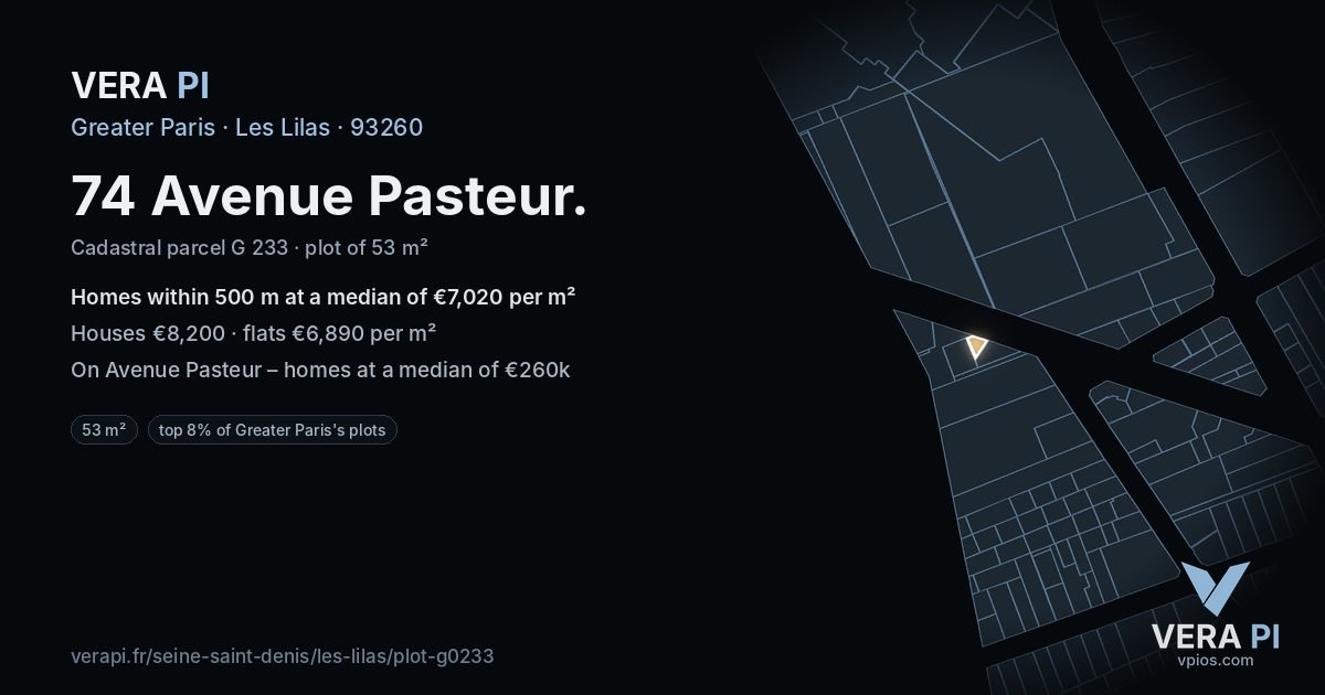 74 Avenue Pasteur, Les Lilas at night – the plot lit, the parcels around coloured by the prices near them