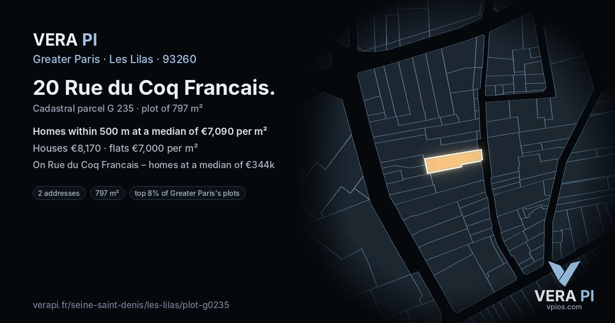 20 Rue du Coq Francais, Les Lilas at night – the plot lit, the parcels around coloured by the prices near them