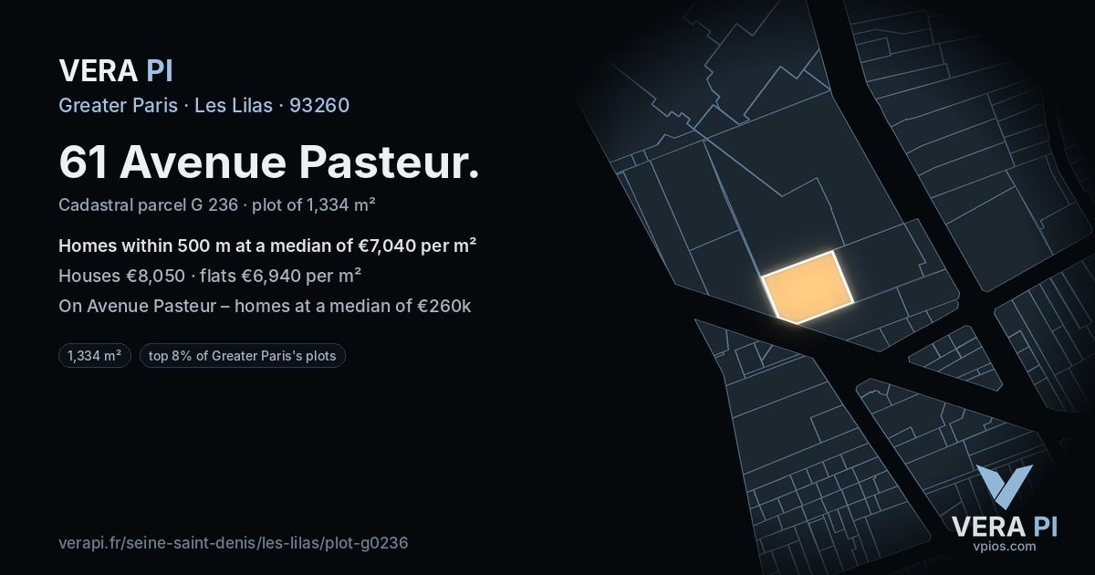 61 Avenue Pasteur, Les Lilas at night – the plot lit, the parcels around coloured by the prices near them