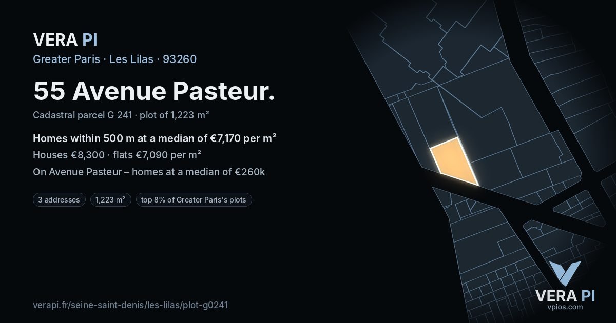 55 Avenue Pasteur, Les Lilas at night – the plot lit, the parcels around coloured by the prices near them
