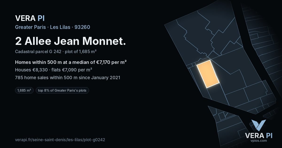 2 Allee Jean Monnet, Les Lilas at night – the plot lit, the parcels around coloured by the prices near them