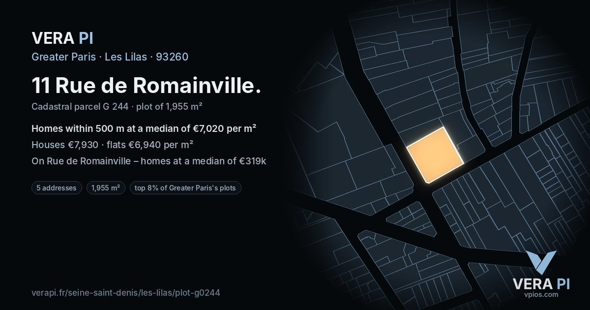 11 Rue de Romainville, Les Lilas at night – the plot lit, the parcels around coloured by the prices near them