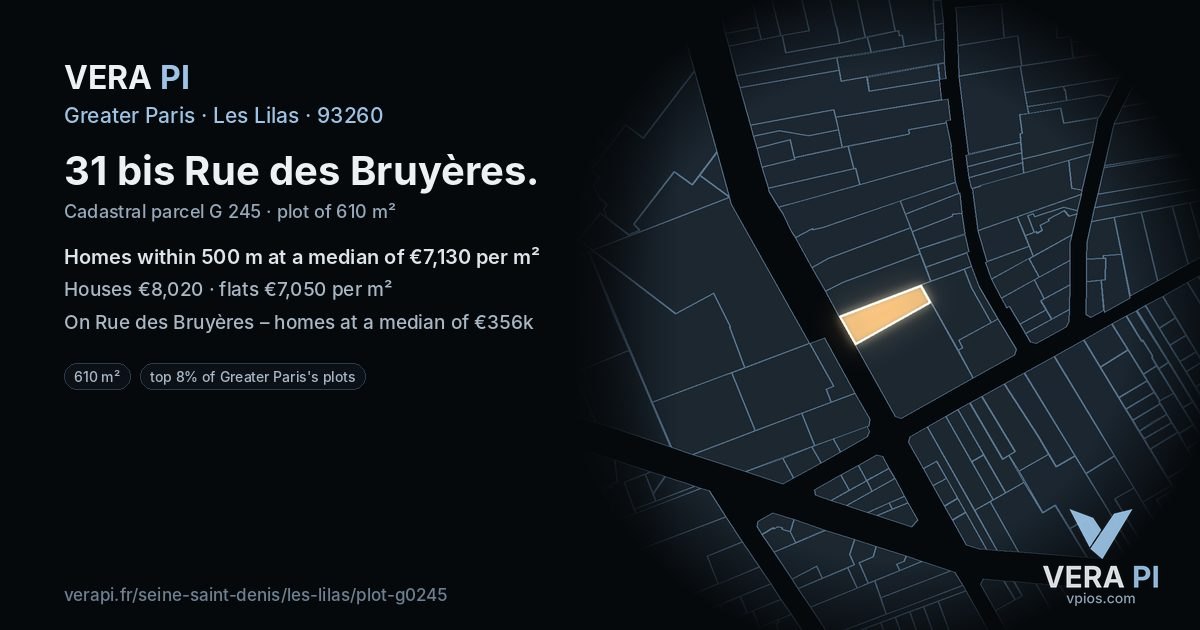 31 bis Rue des Bruyères, Les Lilas at night – the plot lit, the parcels around coloured by the prices near them